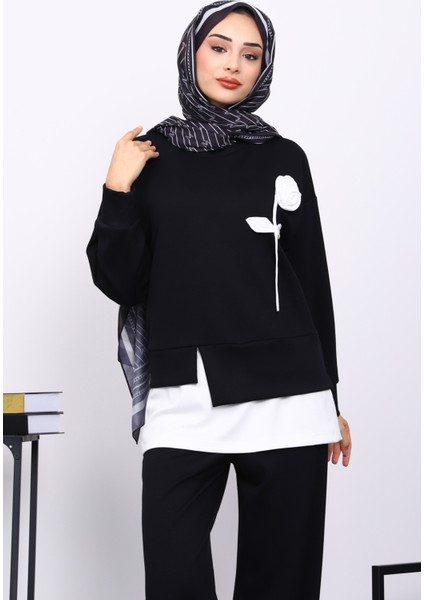 Siyah Bisiklet Yaka Gül Detaylı Tunik Pantolonlu Modal Takım modelleri