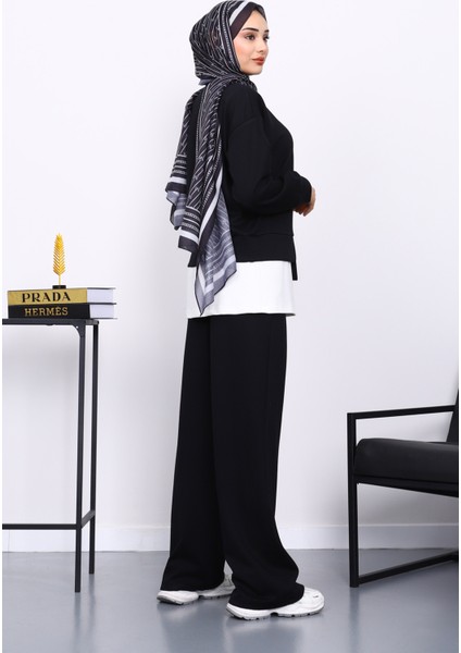 Siyah Bisiklet Yaka Gül Detaylı Tunik Pantolonlu Modal Takım fırsatları