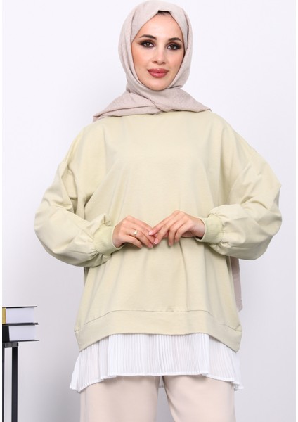 Olive Pilise Detaylı Bisiklet Yaka Sweatshirt
