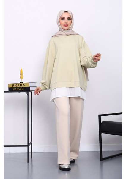 Olive Pilise Detaylı Bisiklet Yaka Sweatshirt fiyatları