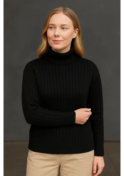 Kadın Balıkcı Yaka Bağazlı Triko Kazak Pamuklu Kalın Fitilli Dokuma - Siyah modelleri