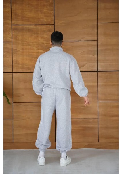 Erkek Premium Parçalı Eşofman Takım - Dik Yaka Fermuarlı Biyeli Sweatshirt Lastik Paça Alt, Oversize 3 Iplik Şardonlu - Gri fiyatları