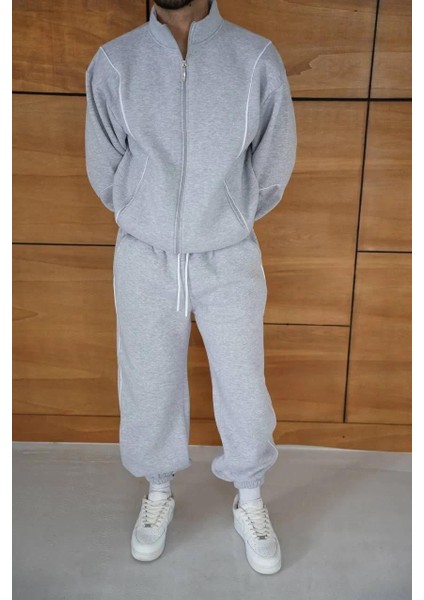 Erkek Premium Parçalı Eşofman Takım - Dik Yaka Fermuarlı Biyeli Sweatshirt Lastik Paça Alt, Oversize 3 Iplik Şardonlu - Gri fırsatları
