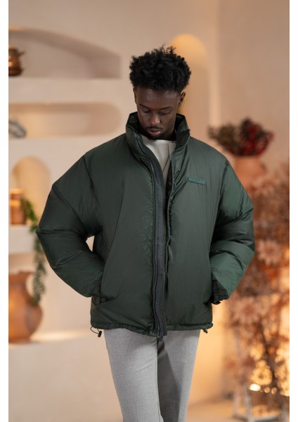 Oversize (Bol Kesim) Dik Yaka Fermuar Kapamalı Şişme Mont