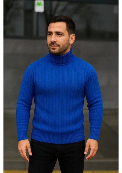 Erkek Balıkcı Yaka Bağazlı Triko Kazak Pamuklu Kalın Fitilli Dokuma, Regular Fit Uzun Kollu Kışlık Model - Saks Mavisi