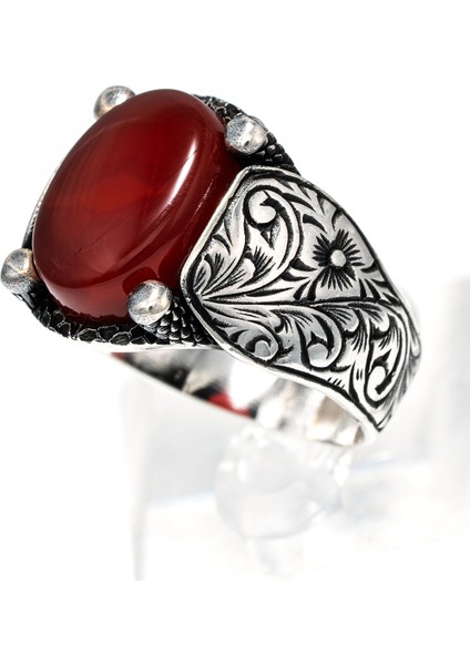Kırmızı Akik Taşlı 925 Ayar Gümüş Erkek Yüzük – Desenli Tasarım fiyatları
