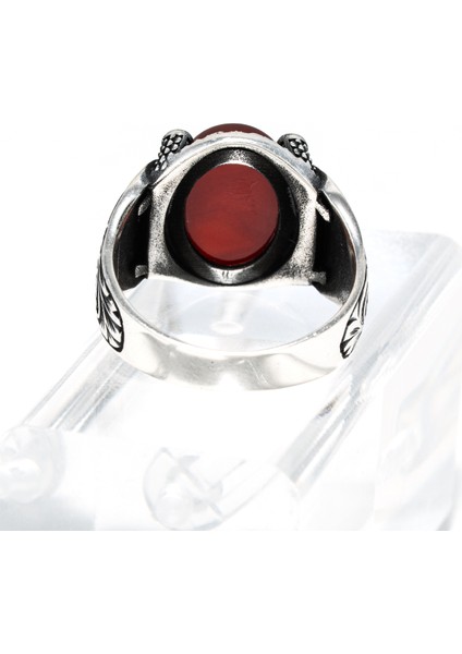 Kırmızı Akik Taşlı 925 Ayar Gümüş Erkek Yüzük – Desenli Tasarım