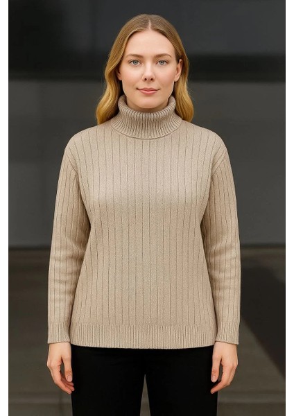 Kadın Balıkcı Yaka Bağazlı Triko Kazak Pamuklu Kalın Fitilli Dokuma - Bej fiyatları