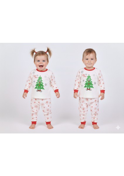 Yılbaşı Noel Desenli New Year Yazılı Bebek-Çocuk Pijama Takımı Unisex 9-24 Ay