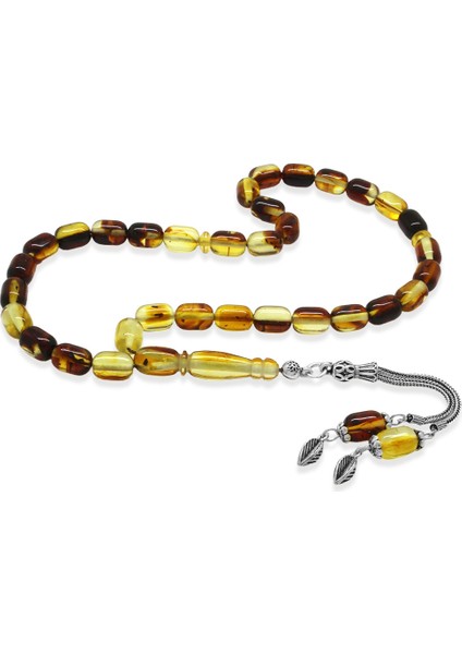 Fosilli Beyrut Kehribar Tesbih - 925 Ayar Gümüş Püsküllü - Sarı Siyah - Kapsül Kesim