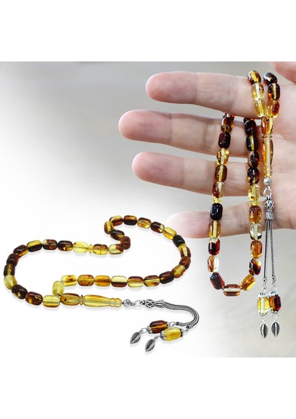 Fosilli Beyrut Kehribar Tesbih - 925 Ayar Gümüş Püsküllü - Sarı Siyah - Kapsül Kesim fiyatları