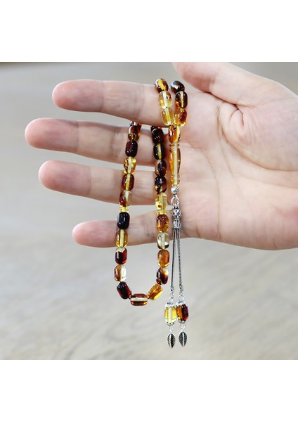 Fosilli Beyrut Kehribar Tesbih - 925 Ayar Gümüş Püsküllü - Sarı Siyah - Kapsül Kesim modelleri