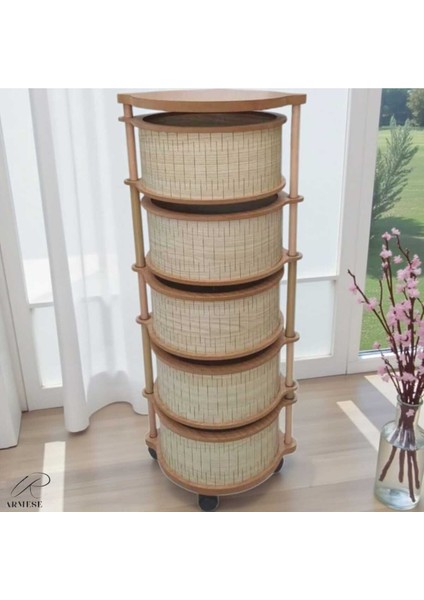 Ahşap Sebzelik 5 Katlı Tekerlekli Modern Tasarım Uv Baskı Naturel Mdf Akçalı