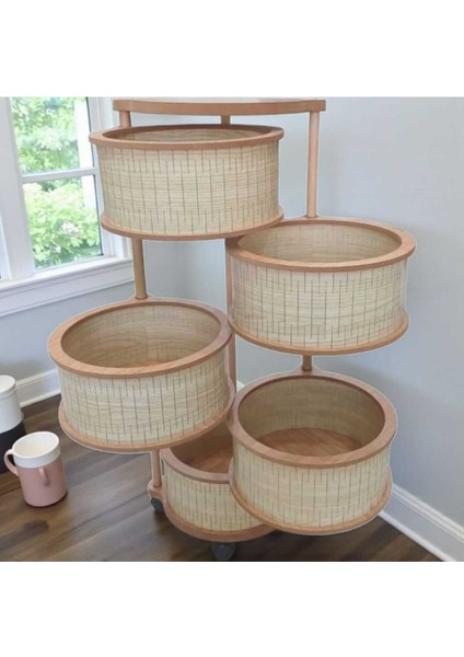 Ahşap Sebzelik 5 Katlı Tekerlekli Modern Tasarım Uv Baskı Naturel Mdf Akçalı modelleri