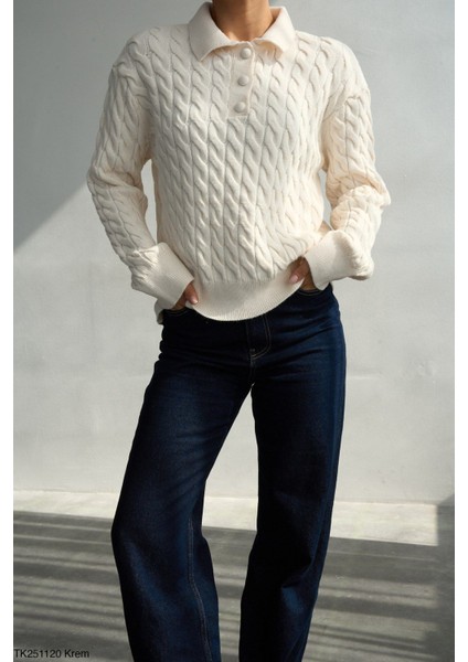 Saç Örgülü Düğmeli Polo Yaka Triko Kazak