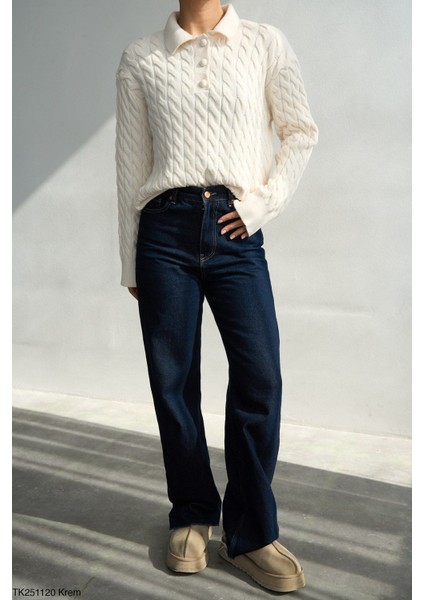 Saç Örgülü Düğmeli Polo Yaka Triko Kazak fiyatları