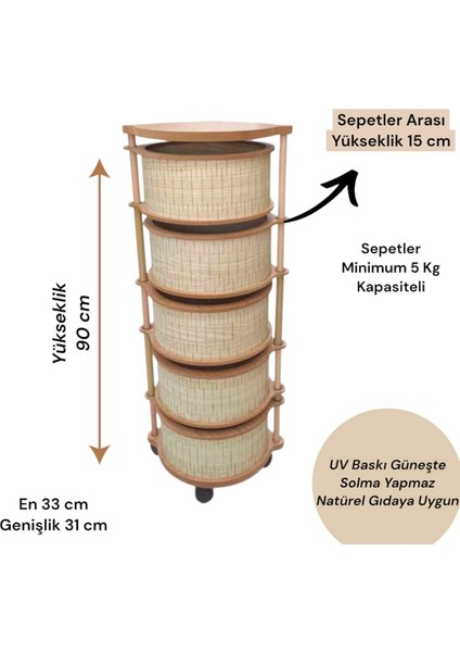 Ahşap Sebzelik 5 Katlı Tekerlekli Modern Tasarım Uv Baskı Naturel Mdf Akçalı fırsatları
