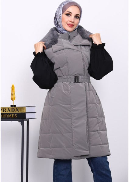 Gri Yaka Kürklü Lastik Kemerli Uzun Şişme Yelek