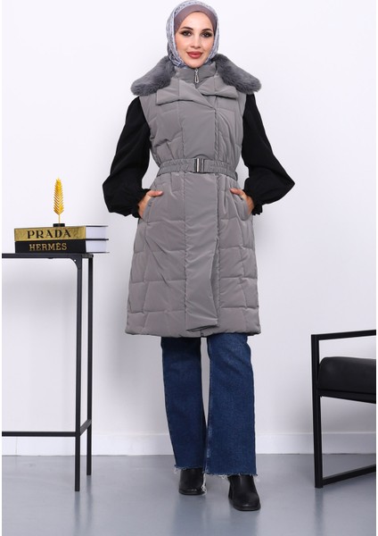 Gri Yaka Kürklü Lastik Kemerli Uzun Şişme Yelek fiyatları