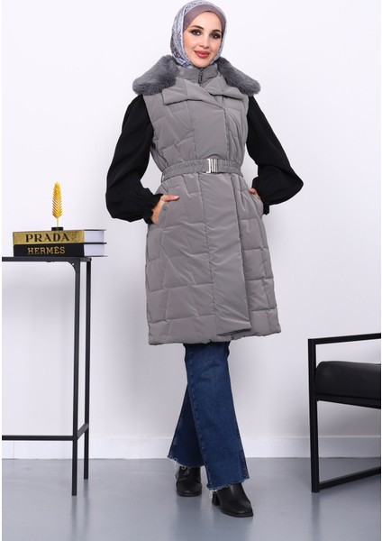 Gri Yaka Kürklü Lastik Kemerli Uzun Şişme Yelek modelleri