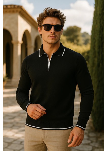 Erkek Günlük Fermuarlı Siyah Uzun Kollu Polo Yaka Triko