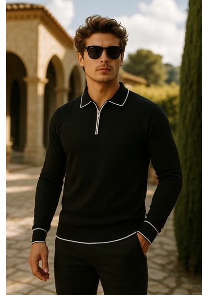 Erkek Günlük Fermuarlı Siyah Uzun Kollu Polo Yaka Triko fiyatları