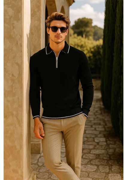 Erkek Günlük Fermuarlı Siyah Uzun Kollu Polo Yaka Triko modelleri