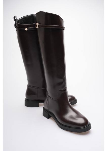 Kadın Deri Çekme Çizme Gold Tokalı Kahve Narella