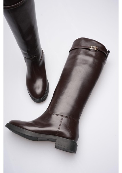 Kadın Deri Çekme Çizme Gold Tokalı Kahve Narella modelleri