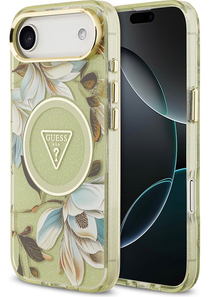 iPhone 17 Air Kılıf Guess Lisanslı M-Safeli Simli Çiçek Desenli Metal Kamera Çerçeveli Kapak Yeşil