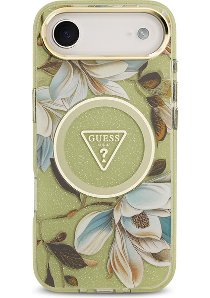 iPhone 17 Air Kılıf Guess Lisanslı M-Safeli Simli Çiçek Desenli Metal Kamera Çerçeveli Kapak Yeşil modelleri