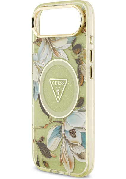 iPhone 17 Air Kılıf Guess Lisanslı M-Safeli Simli Çiçek Desenli Metal Kamera Çerçeveli Kapak Yeşil