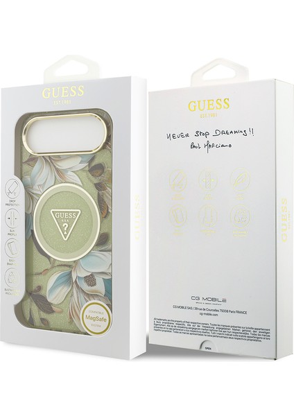 iPhone 17 Air Kılıf Guess Lisanslı M-Safeli Simli Çiçek Desenli Metal Kamera Çerçeveli Kapak Yeşil