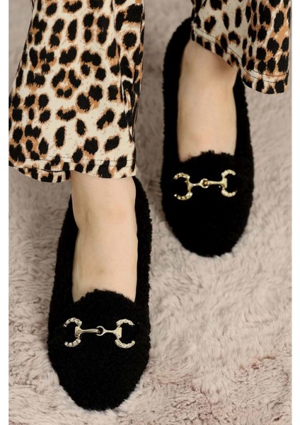 Kadın Gold Tokalı Kışlık Babet Ev ve Dış Mekan Ayakkabısı - Siyah - 37