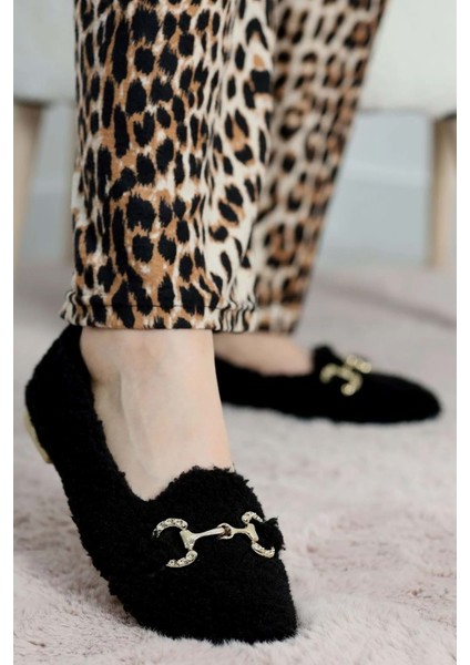 Kadın Gold Tokalı Kışlık Babet Ev ve Dış Mekan Ayakkabısı - Siyah - 37 indirimleri