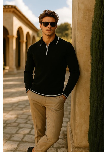 Erkek Günlük Fermuarlı Siyah Uzun Kollu Polo Yaka Triko fırsatları