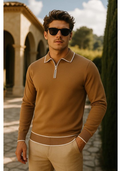 Erkek Günlük Fermuarlı Camel Uzun Kollu Polo Yaka Triko