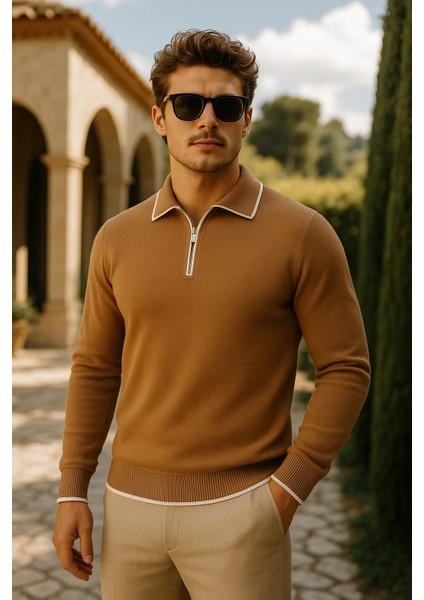 Erkek Günlük Fermuarlı Camel Uzun Kollu Polo Yaka Triko fiyatları