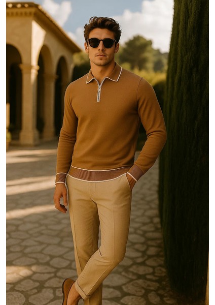 Erkek Günlük Fermuarlı Camel Uzun Kollu Polo Yaka Triko modelleri