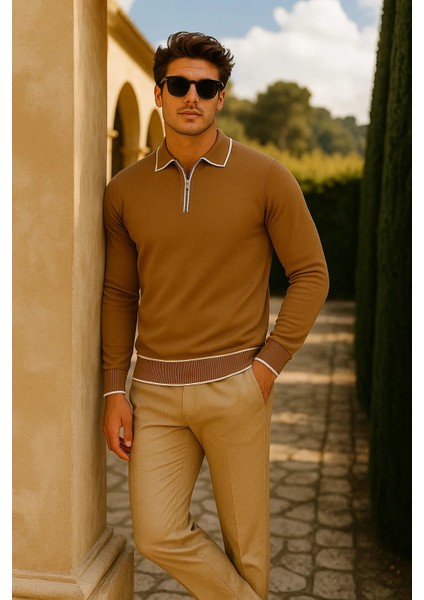 Erkek Günlük Fermuarlı Camel Uzun Kollu Polo Yaka Triko fırsatları