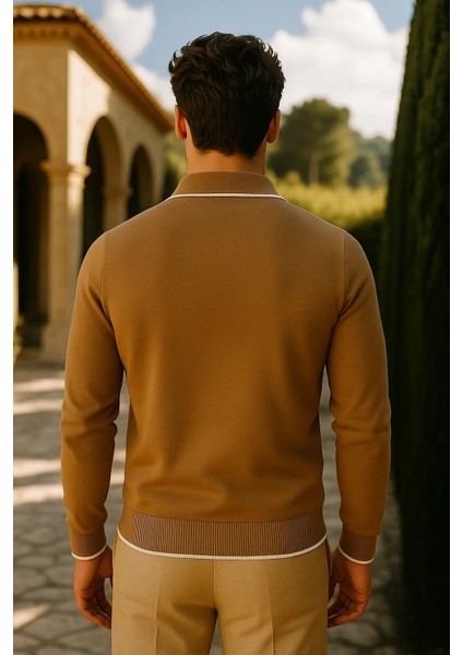 Erkek Günlük Fermuarlı Camel Uzun Kollu Polo Yaka Triko