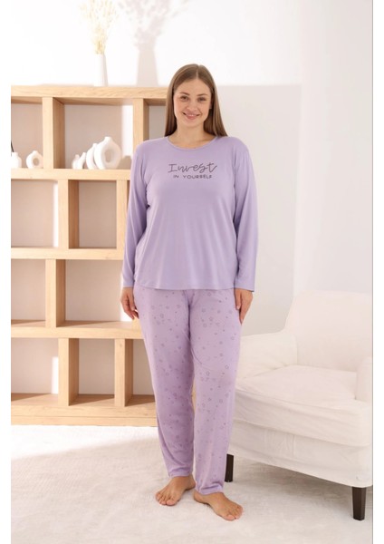 Kadın Büyük Beden Milan Kumaş Bisiklet Yaka Lila Pijama Takımı