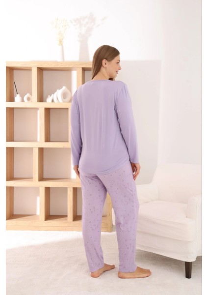 Kadın Büyük Beden Milan Kumaş Bisiklet Yaka Lila Pijama Takımı modelleri