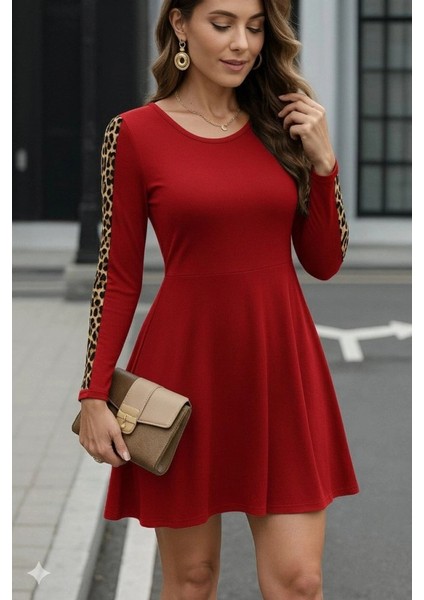 Kadın Uzun Kollu Bisiklet Yaka Kollar Leopar Detay Iki Iplik Mini Boy Elbise modelleri