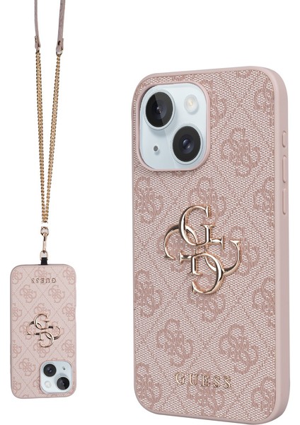 iPhone 15 Plus Uyumlu Kılıf Guess Lisanslı Pu 4g Büyük Metal Logolu Çapraz Vücut Askılı Kapak Pembe