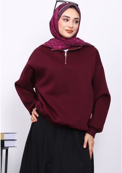 Mürdüm Yaka Fermuarlı Üç İplik Şardonlu Sweat