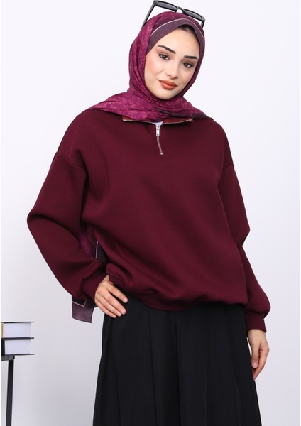 Mürdüm Yaka Fermuarlı Üç İplik Şardonlu Sweat modelleri