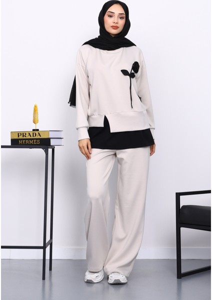 Taş Bisiklet Yaka Gül Detaylı Tunik Pantolonlu Modal Takım