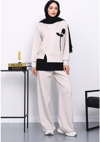 Taş Bisiklet Yaka Gül Detaylı Tunik Pantolonlu Modal Takım fiyatları