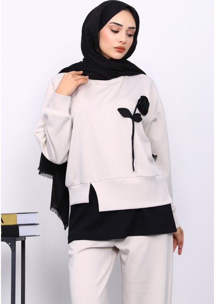 Taş Bisiklet Yaka Gül Detaylı Tunik Pantolonlu Modal Takım modelleri